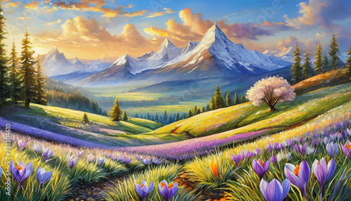 Oil painting of spring hills and flowers on the fields with crocus heuffelianus. Beautiful nature.