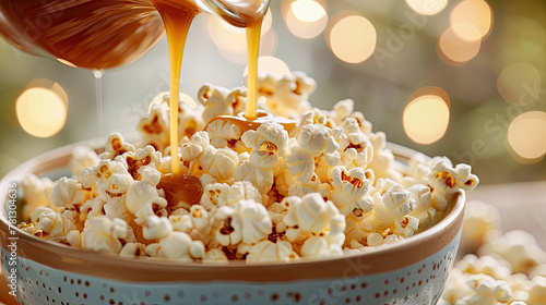 caramel procuring in bowl of popcorn