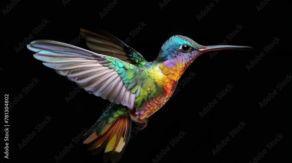 Fototapeta premium Iridescent hummingbird in mid flight - isolated on black background - vibrant colors with delicate features - wings frozen in motion