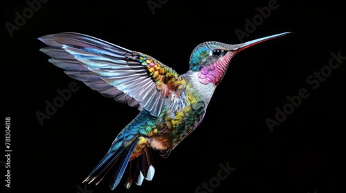 Iridescent hummingbird in mid flight - isolated on black background - vibrant colors with delicate features - wings frozen in motion © vannet