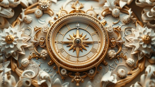 A 3D illustration of a fantasy compass on an old paper frame with intricate clockwork mechanisms.