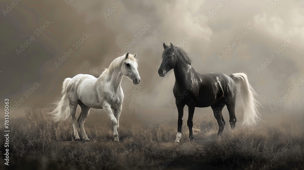 Majestic White and Black Horses in Ethereal Misty Field. Majestic White and Black Horses in Ethereal Misty Field.