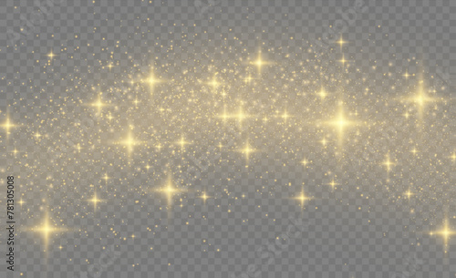Sparkling magic dust particles. Yellow dust yellow sparks and golden stars shine with special light. Christmas Abstract stylish light effect on a transparent background. Christmas vector pattern.
