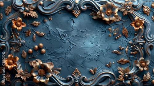 This 3D illustration shows an ornate Victorian frame with a blue and copper motif