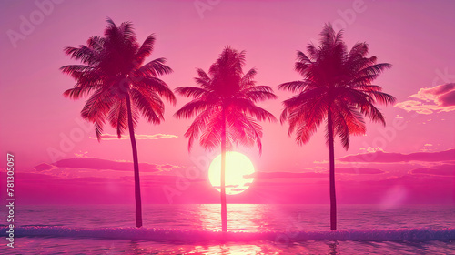 Tropical Island Paradise at Sunset, with Silhouetted Palm Trees Offering a Peaceful Retreat from the Everyday