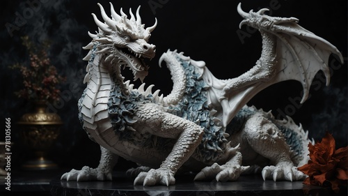 white marble dragon statue on plain black background from Generative AI