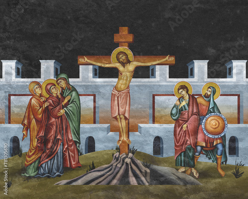 Christian traditional image of Crucifixion (Dies Passionis Domini). Religious illustration on black stone wall background in Byzantine style
