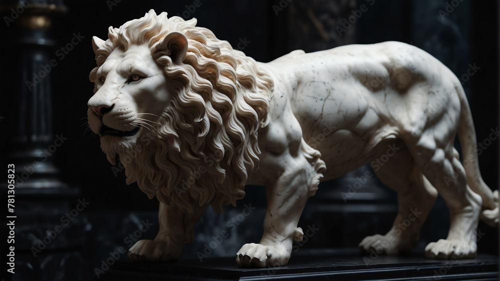 white marble lion statue on plain black background from Generative AI