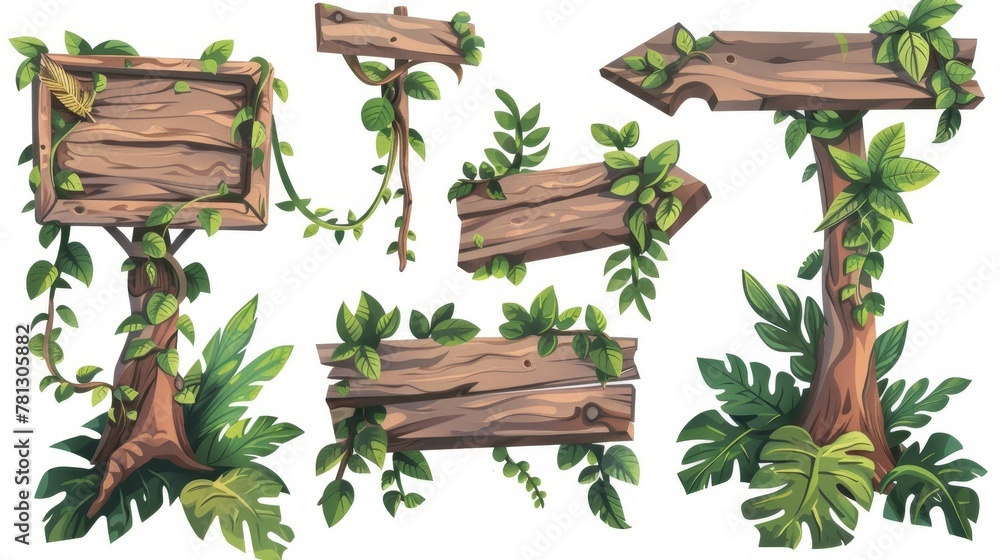 Wooden signboard in jungle, plank and pointer with green leaves and lianas. Modern cartoon set of wood panels, timber boards and direction signs with plants in forest isolated on white. Wooden signboard in jungle, plank and pointer with green leaves and lianas. Modern cartoon set of wood panels, timber boards and direction signs with plants in forest isolated on white.