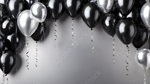silver black balloons. festive background for a birthday card