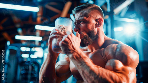 muscular man in gym setting enjoys homemade smoothie, representing a balance between physical exercise healthy lifestyle choices.smoothie suggests a blend of energy and refreshment. Banner. Copy space photo