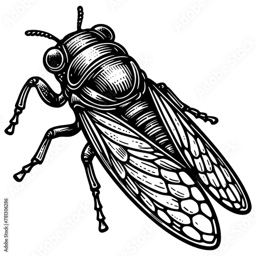 Cicadidae cicada insect animal sketch engraving generative ai fictional character PNG illustration. Scratch board imitation. Black and white image. T-shirt apparel print design. photo