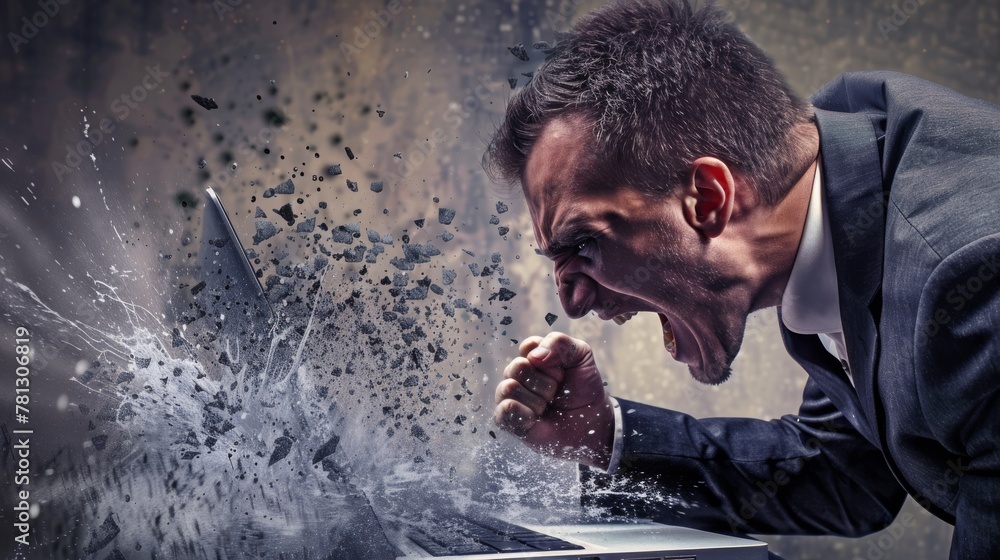 Angry businessman with clenched fist smashing his laptop screen ...