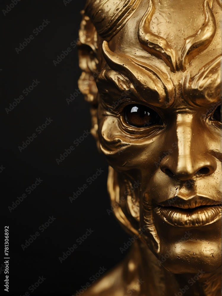 gold devil statue on plain black background close-up portrait from Generative AI
