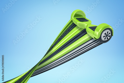 3d rendering of green hoverboard with trail on blue background photo