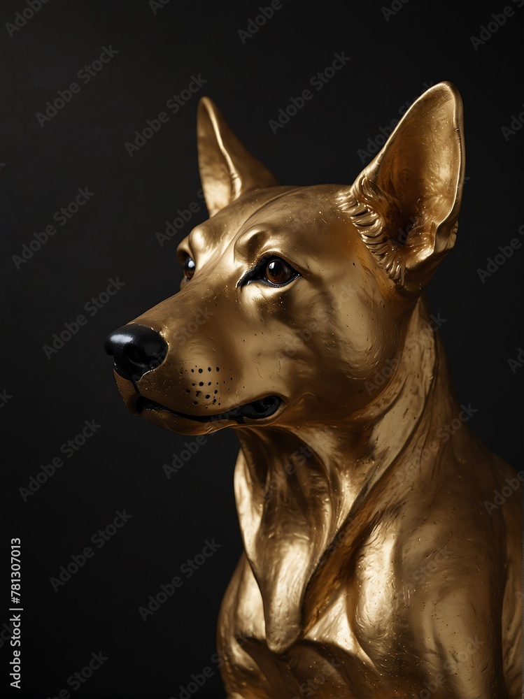 gold dog statue on plain black background close-up portrait from Generative AI