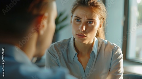 Concerned businesswoman in a light blue shirt engaging in a serious conversation, with focused eyes and a questioning demeanor.