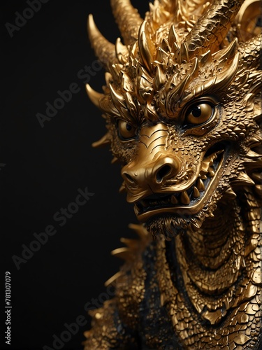 gold dragon statue on plain black background close-up portrait from Generative AI