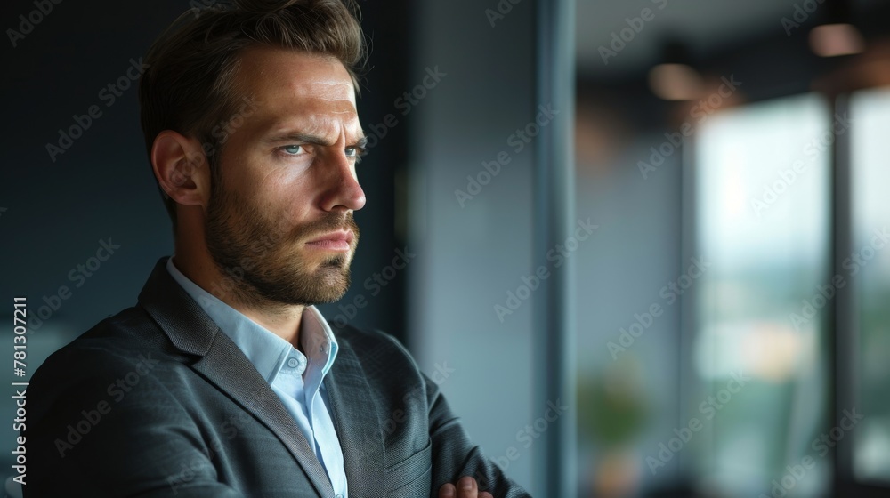 A contemplative businessman gazing out the window, with a focused and serious expression, possibly reflecting on important decisions. A contemplative businessman gazing out the window, with a focused and serious expression, possibly reflecting on important decisions.