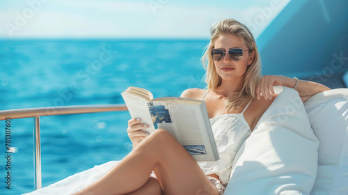 Fashionable woman in sunglasses reading on a yacht, the clear blue sea in the backdrop, embodying luxury and leisure.