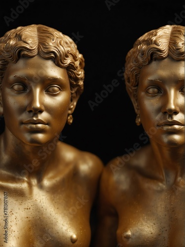 gold gemini zodiac statue on plain black background close-up portrait from Generative AI