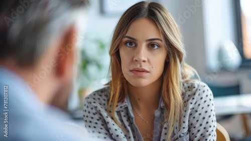 Wallpaper Mural Young woman with an attentive and concerned expression listening closely during a conversation, with a blurred figure in the foreground. Torontodigital.ca