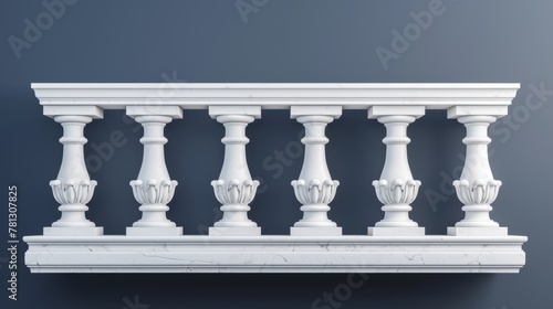 A set of 3d fences with pillars, columns, balusters, and handrails in classic greek or roman style for balcony, terrace, and stairs.