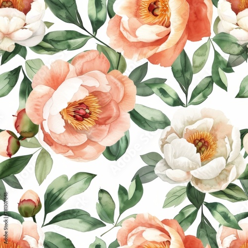 Elegant Watercolor Peony Floral Pattern Background.