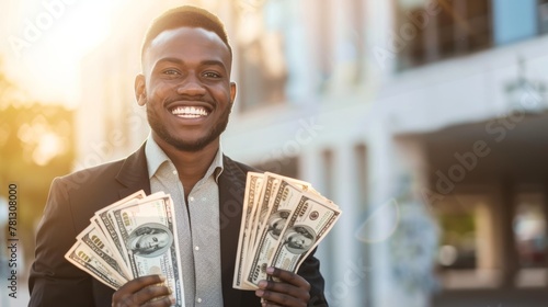 Cheerful young man holding multiple dollar bills, displaying a broad smile in an urban outdoor setting, showing financial success.