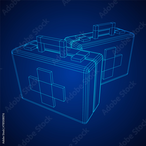 Suitcase of medical aid. Med kit symbol of emergency assistance with cross first aid equipment and treatment. Wireframe low poly mesh vector illustration