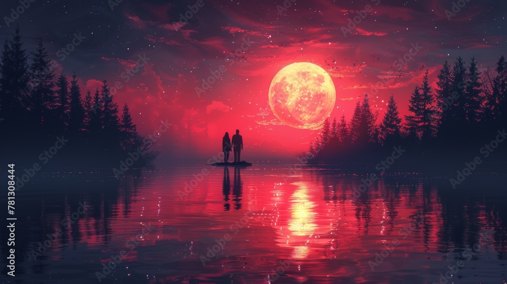 Naklejka premium A young couple gazes at a mysterious light in the night sky, in an illustration style, digital art