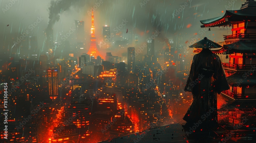 The image depicts an image of a futuristic samurai standing on a building in a cyberpunk city at night, depicted using a digital style, illustration painting. The image depicts an image of a futuristic samurai standing on a building in a cyberpunk city at night, depicted using a digital style, illustration painting.