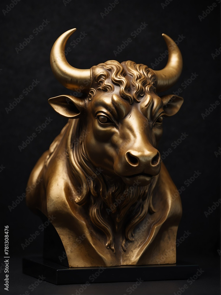gold taurus zodiac statue on plain black background close-up portrait from Generative AI gold taurus zodiac statue on plain black background close-up portrait from Generative AI