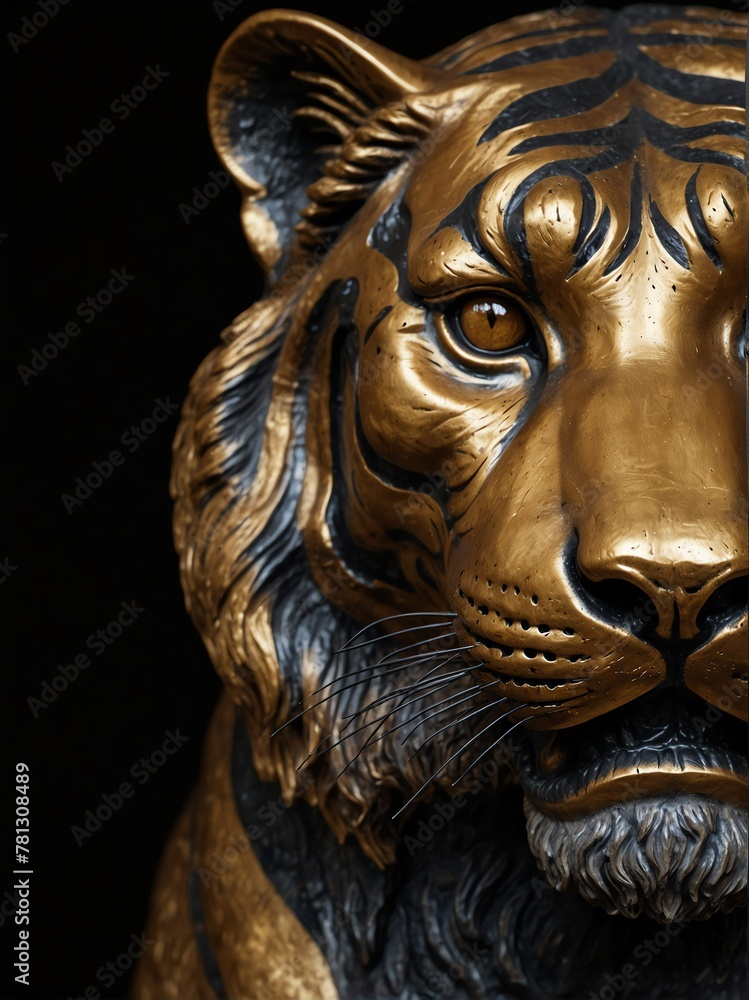 gold tiger statue on plain black background close-up portrait from Generative AI