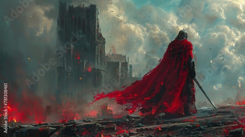 Digital illustration painting of a knight with twin swords standing on rubble of a burned city photo