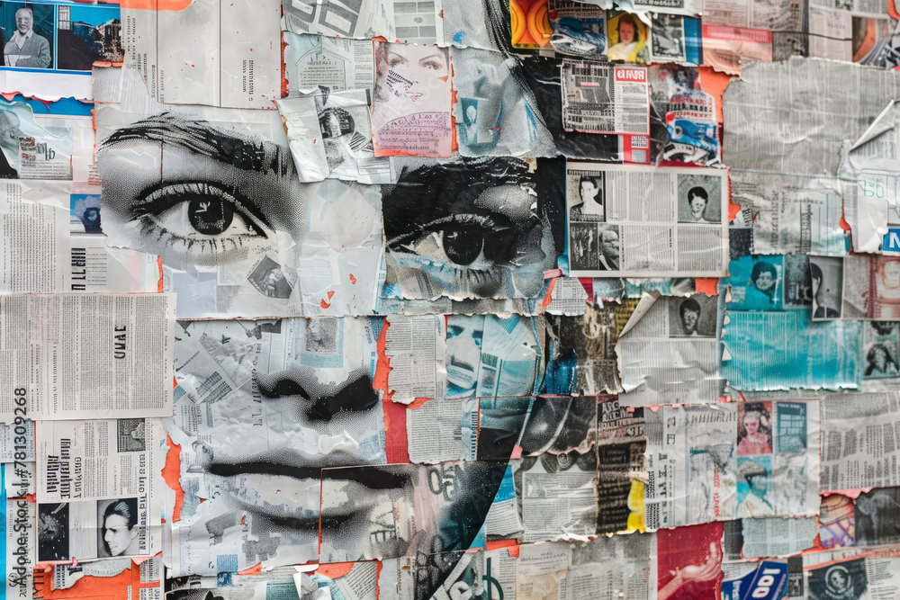 Fototapeta premium A collage of newspapers featuring a womans face, created through the arrangement of various newspaper clippings