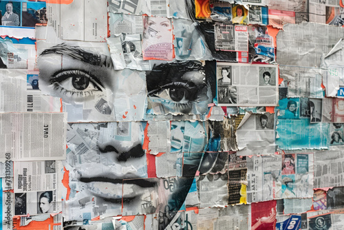 Wallpaper Mural A collage of newspapers featuring a womans face, created through the arrangement of various newspaper clippings Torontodigital.ca