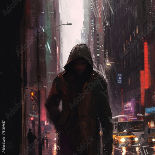 A man in a raincoat in a big city
