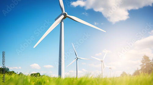 A wind turbine is standing in a field of grass, , renewable energy and sustainability concept