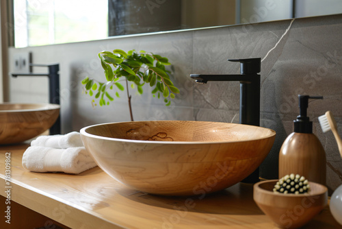 A wooden washbasin with a plant and a soap dispenser, organic modern bathroom