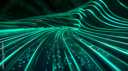 3d render. Abstract background of dynamic emerald green neon lines glowing in the dark. Modern fantastic wallpaper 