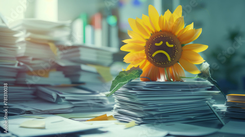 Sad and exhausted sunflower with stacks of documents on an office desk, hard work and burnout syndrome concept. photo