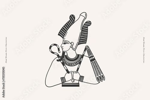 Ancient Egyptian god Osiris. God of fertility, agriculture in Ancient Egypt. A deity with a scepter and a flail in his hands. Mythical character of the ancient world, judge of the souls of the dead.