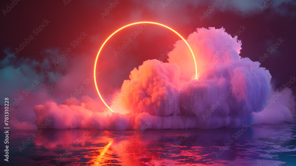 3d render, abstract geometric background of colorful illuminated cloud and glowing neon linear circle
