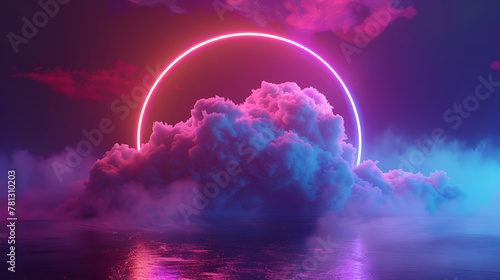 3d render, abstract geometric background of colorful illuminated cloud and glowing neon linear circle  © Pixelzone