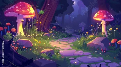Mystic forest with trees, mushrooms, flowers, grass, path and stones at night. Illustration of a glade in a magic forest at night.