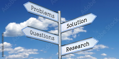 Problems, solution, questions, research - metal signpost with four arrows