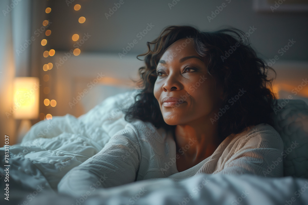 An adult black woman sits in bed at night and cannot sleep. Insomnia concept An adult black woman sits in bed at night and cannot sleep. Insomnia concept