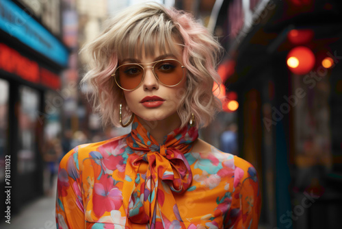 A female model with a stylish haircut, showcasing the latest fashion trends in a vibrant city environment.
