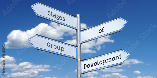 Stages of group development - metal signpost with four arrows